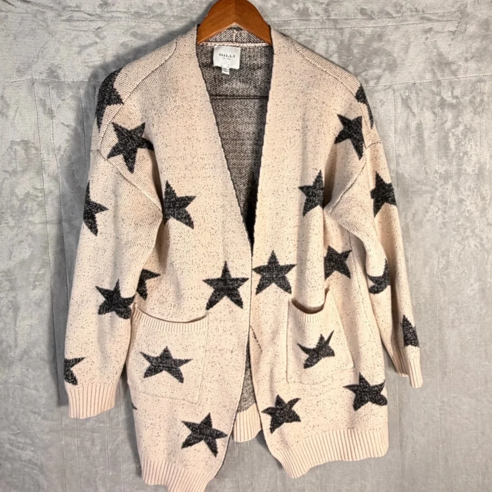 Gilli Star Print Open Front Cardigan Sweater Beige Black Size Small - Picture 2 of 9